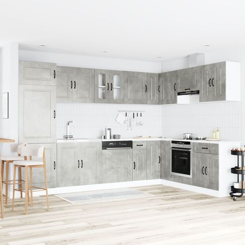 Buffet De Cuisine Vidaxl """"Kalmar"""" Avec Doubles Éviers En Bois D'ingénierie Gris Béton