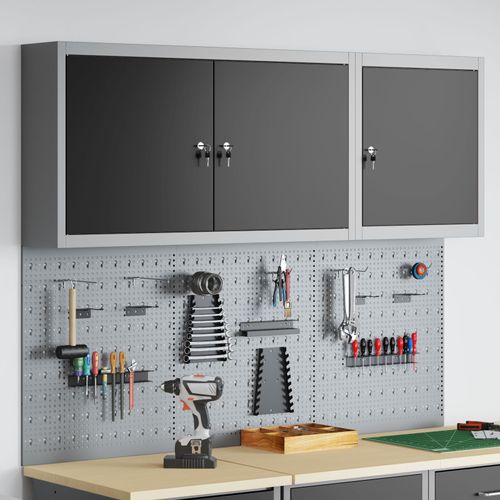 Ensemble de cabinet à outils et de panneau perforé de 5 pièces vidaXL monté sur mur en métal noir