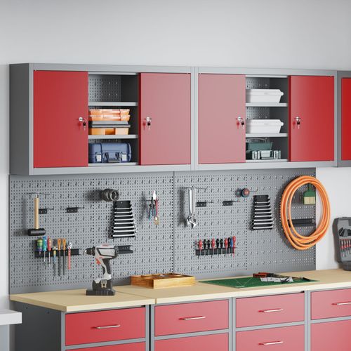 Ensemble de cabinet à outils et de panneau perforé vidaXL de 4 pièces monté sur le mur en métal rouge