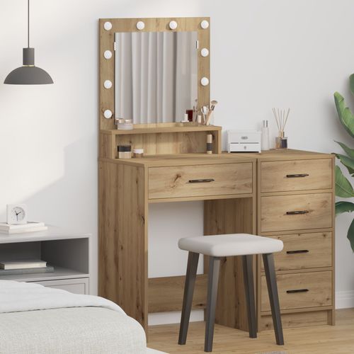 Table De Maquillage Vidaxl Avec Lumières Led En Chêne Brut 79x41x135 Cm