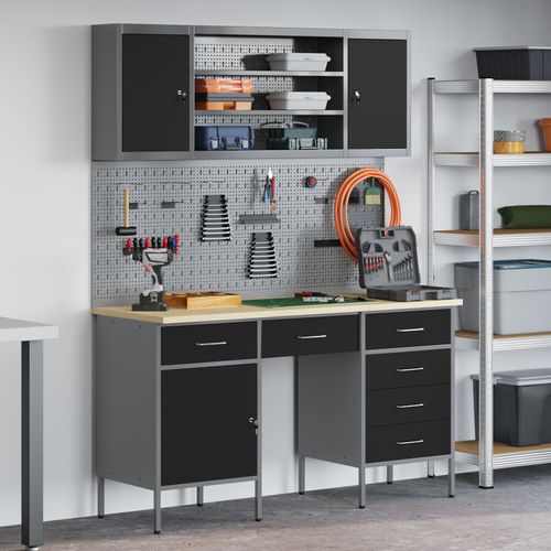 Set de meubles de boulot et de panneau perforé 7 pièces vidaXL - Noir en MDF et métal