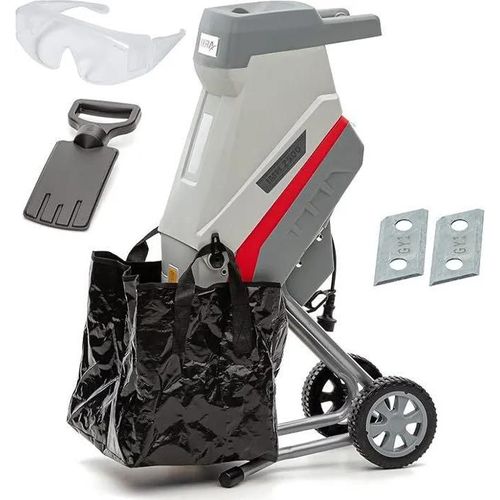 Broyeur de végétaux électrique 2500W avec sac de récupération, lunettes de sécurité et 2 lames réversibles incluses