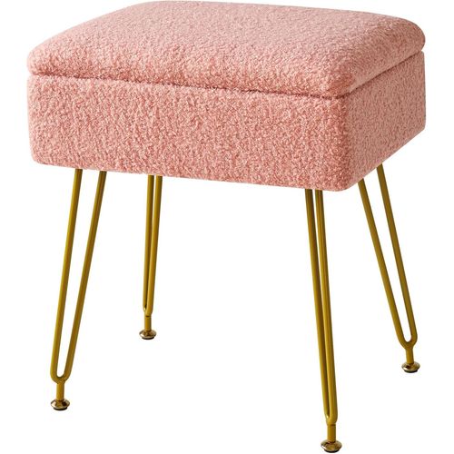 Gouts Et Couleurstabouret Pouf Ottoman Avec Espace De Rangement, Tabouret De Maquillage, Repose-Pieds En Teddy Velours, Chaise De Coiffeuse Carrée, Pieds En Métal Doré, Pour Salon 40×30×47cm Blanc Hb