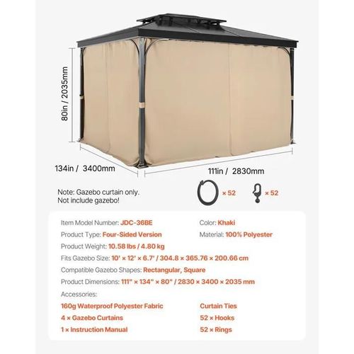 Rideau D'intimité Pour Tonnelle Imperméable Extérieur-Vevor-Rideaux Pour Pergola-284 X 284 X 211 Cm-4 Panneaux-Kaki