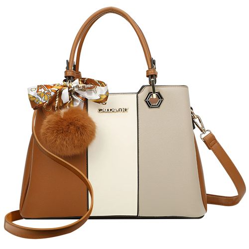 Sac Fourre-tout Tricolore pour Femme Décoré d'un Pompon et d'un Foulard Gallantry Marron