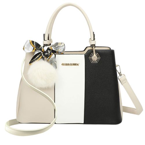 Sac Fourre-tout Tricolore pour Femme Décoré d'un Pompon et d'un Foulard Gallantry Beige