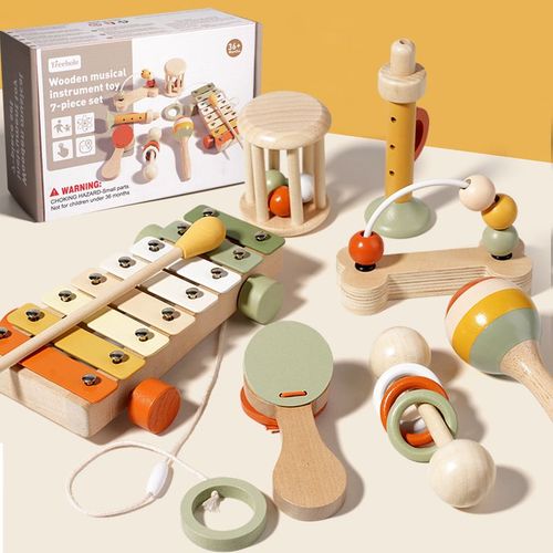 Instruments De Musique Pour Bébé - Jouets Musicaux Pour Tout-Petits De 1 À 3 Ans, Ensemble D'instruments De Percussion En Bois De Couleur Neutre, Tambourin Xylophone Bohème Moderne, Cadeau D'anniversaire Préscolaire Pour Enfants