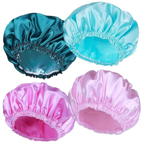 Bonnets De Douche Pour Femmes, 4 Bonnets De Bain Élastiques Et Réutilisables, Bonnet De Douche Double Couche Imperméable, Bonnets De Bain, Bonnet De Bain Respectueux De L'environnement - Couleur Unie 