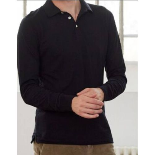 Polo Noir Uni Manches Longues, Col Boutonné 100% Coton - Homme Jeune Adulte Taille M