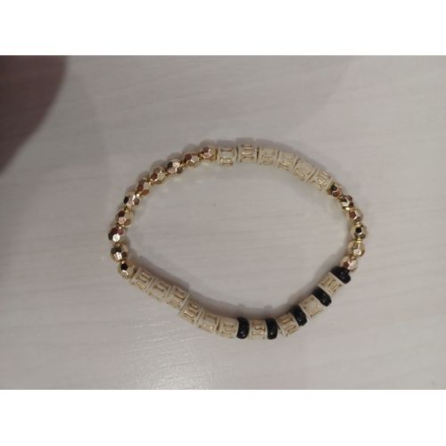 Bracelet Elastique, Perles Dorés,Blanches Et Noires