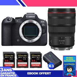Boitier Canon EOS R6 Mark II + RF 24-70mm f/2.8 L IS USM + 3 SanDisk 64GB Extreme PRO UHS-II SDXC 300 MB/s + 3 Canon LP-E6NH + Ebook 'Devenez Un Super Photographe'