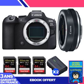 Boitier Canon EOS R6 Mark II + Canon EF-EOS R Premium + 3 SanDisk 64GB Extreme PRO UHS-II SDXC 300 MB/s + 2 Canon LP-E6NH + Ebook 'Devenez Un Super Photographe'
