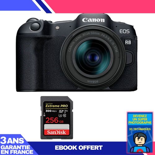 Boitier Canon EOS R8 + RF 24-50mm IS STM + 1 SanDisk 256GB Extreme PRO UHS-II SDXC 300 MB/s + Ebook 'Devenez Un Super Photographe'