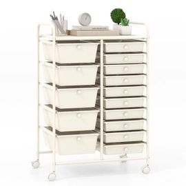 Tour De Rangement Avec 15 Tiroirs Costway-Chariot De Rangement Amovibles-Avec Roulettes-Pour Bureau Chambre-63 X 37 X 87 Cm-Blanc