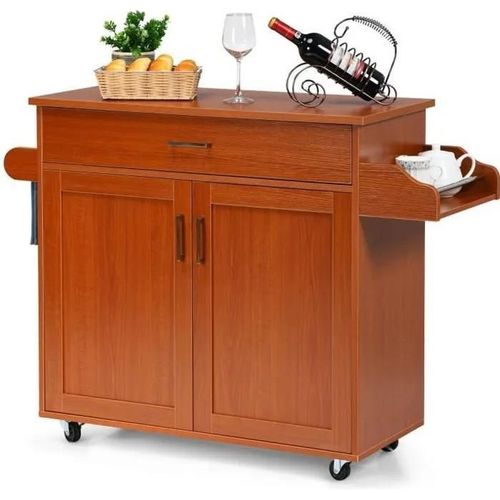 Costway Desserte De Cuisine, Bîlot De Cuisine À Roulettes Avec Grand Placard, Tiroir, Porte-Epices Et Porte-Serviettes Marron