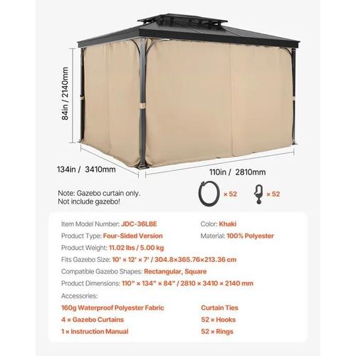 Rideau D'intimité Pour Tonnelle Imperméable Extérieur-Vevor-Rideaux Pour Pergola-281 X 341 X 214 Cm-4 Panneaux-Kaki