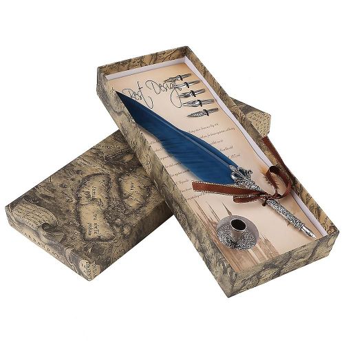 Ensemble De Calligraphie Anglaise Bleue : Plume Trempage Plume Plume Plume Stylo Avec 5 Plumes Dans Une Boîte Cadeau