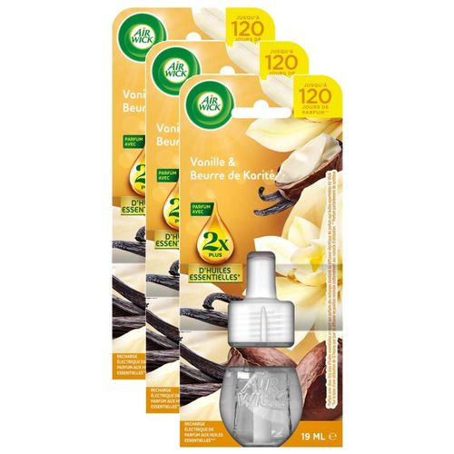 AIR WICK Lot de 3 Recharges Diffuseur désodorisant Electrique Huiles essentielles Vanille & Beurre de Karité