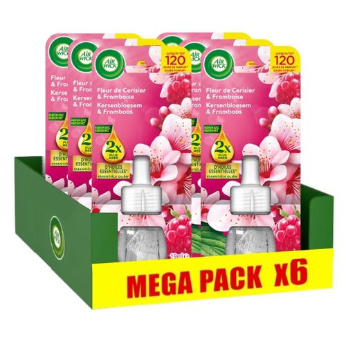 AIR WICK Lot de 6 Recharges Diffuseur désodorisant Electrique Huiles essentielles Fleur de cerisier & Framboise
