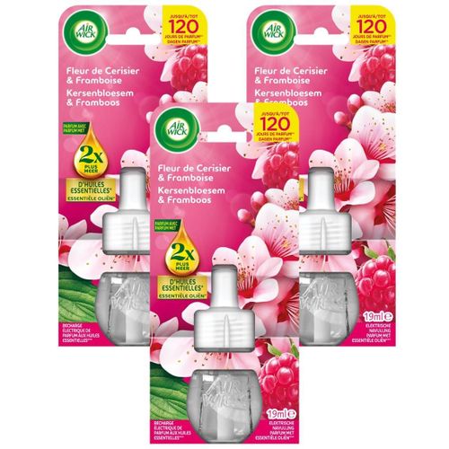 AIR WICK Lot de 3 Recharges Diffuseur désodorisant Electrique Huiles essentielles Fleur de cerisier & Framboise