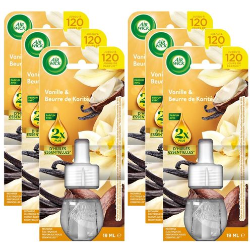 AIR WICK Lot de 6 Recharges Diffuseur désodorisant Electrique Huiles essentielles Vanille & Beurre de Karité