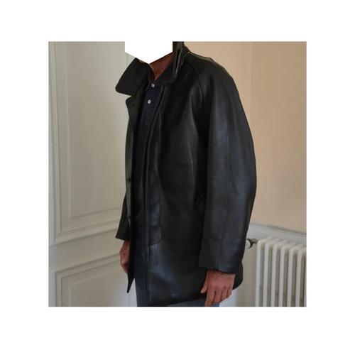 Veste Parka Cuir Doublure Duvet Oie Blouson Homme Noir Peau Surveste Style Chasseur Trappeur Biker Rock Motard Tres Protection Chaud Couvrant Manteau Homme Col Amovible Mouton Qualite Confortable Man