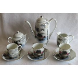 Ancien Service À Café Japonais Porcelaine Fine Signé 9 Pièces