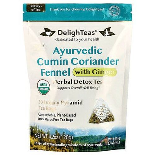 Delighteas, Cumin Coriandre Ayurvédique Fenouil Et Gingembre, Thé Détox À Base De Plantes, Sans Caféine, 30 Sachets Sandwichs De Luxe, 120 G