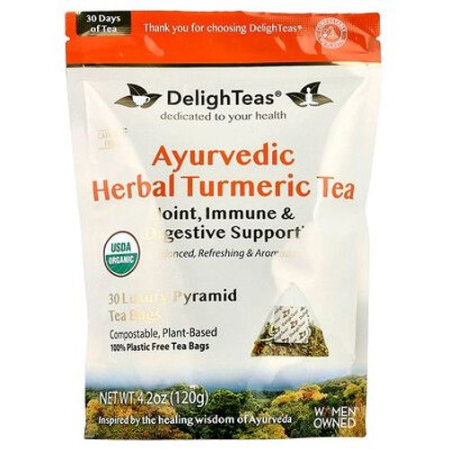 Delighteas, Thé Ayurvédique Au Curcuma, Sans Caféine, 30 Sachets De Thé De Luxe, 120 G
