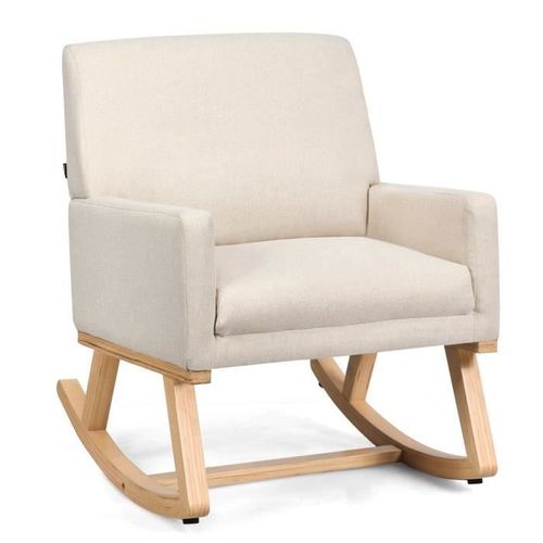 Costway Fauteuil À Bascule Rembourré, Base En Bois Massif, 67 X 87 X 85 Cm, Charge Maximum 120 Kg, Chaise Inclinable Moderne, Beige