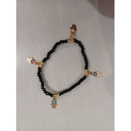 Bracelet Élastique Perles Noires, Mains Dorées Et Oeil Coloré