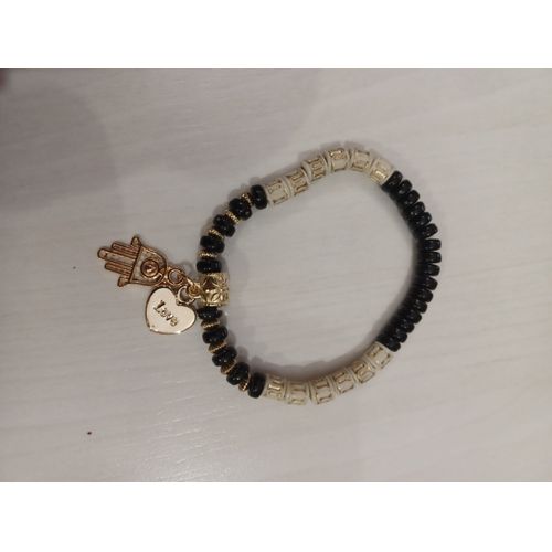 Bracelet Elastique, Perles Dorés,Blanches Et Noires,Main Et Coeur Doré