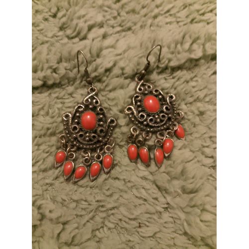 Boucles D'Oreilles Dormeuses En Métal Argenté Et Émail Rouge Vintage Années 70.