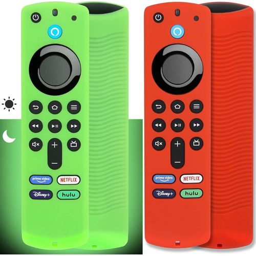Lot De 2 Coques Compatibles Avec Télécommande Vocale Fire Tv Stick 4K /4K Alexa 3E Génération, Coque En Silicone Antidérapante Avec Cordon (Vert Brillant Et Rouge Non Brillant)