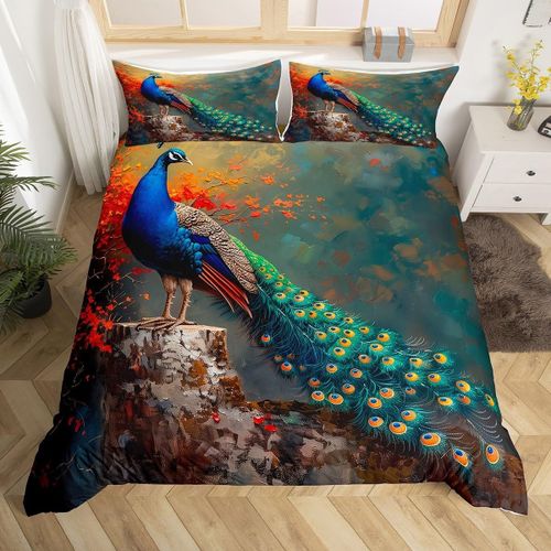 Double (Sans Couette)-Rouge Sarcelle-Housse De Couette Paon Homewish Double Bleu Sarcelle Ensemble De Literie En Plumes De Paon Housse De Couette Animal Floral Exotique Chic Housse De Couette Style