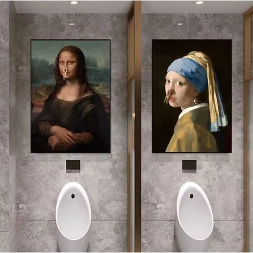 Impression sur toile de visage de Pinching Mona Lisa de l'Antarctique, fille de perle tenant une serviette en papier, photo d'art mural pour décor HOToilet, drôle