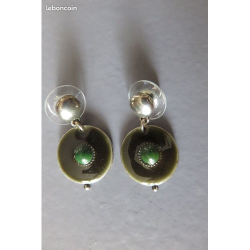Boucles D'Oreilles Longues Émail Marron Et Perle Verte