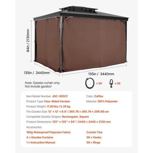 Rideau D'intimité Pour Tonnelle Imperméable Extérieur-Vevor-Rideaux Pour Pergola-344x344x213 Cm-Café
