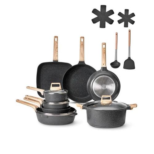 Batterie De Cuisine-Vevor-19 Pcs-Ensemble De Casseroles Et Poêles À Induction Avec Revêtement Anti-Adhésif En Granit-Noir
