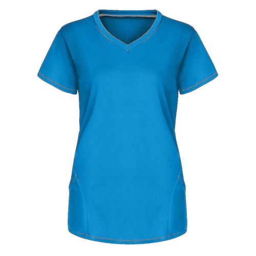 Femmes Manches Courtes Col V Tops Travail Uniforme Couleur Unie De Poche Blouse