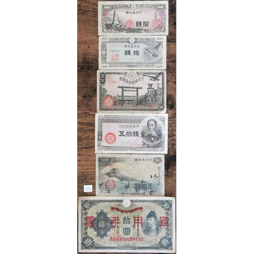 Lot 6 Billets Japon - 10 Yen 1938 - 50 Sen 1938 / 1953 - 10 Sen 1944 / 1953 : J8