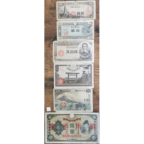 Lot 6 Billets Japon - 10 Yen 1938 - 50 Sen 1938 / 1953 - 10 Sen 1944 / 1953 : J9
