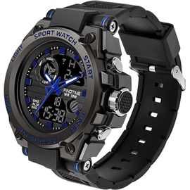 Montre Militaire Tactique Homme Double Affichage Analogique/Numérique Etanche Multifonction Bleu/Noir