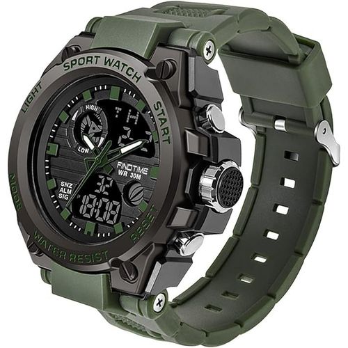 Montre Militaire Tactique Homme Double Affichage Analogique/Numérique Etanche Multifonction Vert Armé