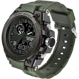 Montre Militaire Tactique Homme Double Affichage Analogique/Numérique Etanche Multifonction Vert Armé