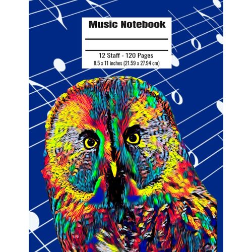Music Notebook: 120 Blank Pages 12 Staff Music Manuscript Paper Colorful Owl Cover 8.5 X 11 Inches (21.59 X 27.94 Cm)