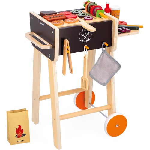 Checarzhn--No1-Barbecue En Bois-Jouet D'imitation Cuisine Et Dinette Pour Enfants-57 Accessoires Inclus-2 Roues Silencieuses-Dès 3 Ans,J06619
