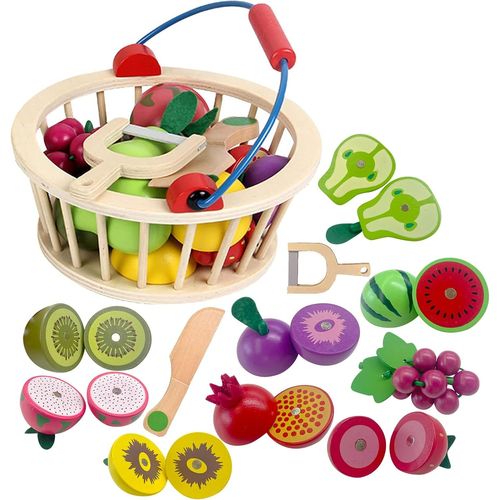 Checarzhn--No1 Dinette Enfant 2 3 Ans,Panier À Fruits En Bois,Fruits En Bois À Découper,Cuisine Aliments Jouets,Fruit Et Legumes Jeux Enfant,Cadeau Fille Garçon 2 3 4 5 Ans