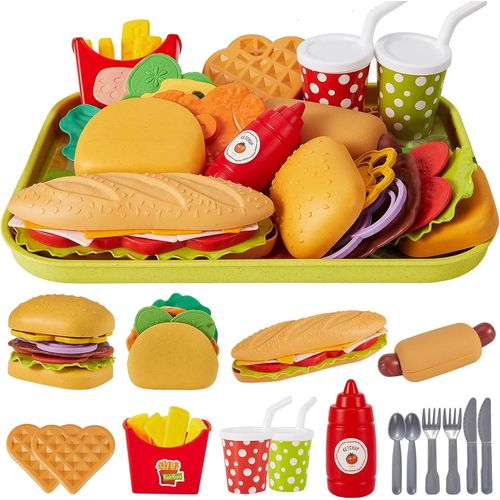 Checarzhn--No1 Dinette Enfant Jouet Avec Hamburger Plateau Frites Hot Dogs,Jeux De Imitation Pour Garcon Fille,Cadeau Éducatif 3 4 5 Ans