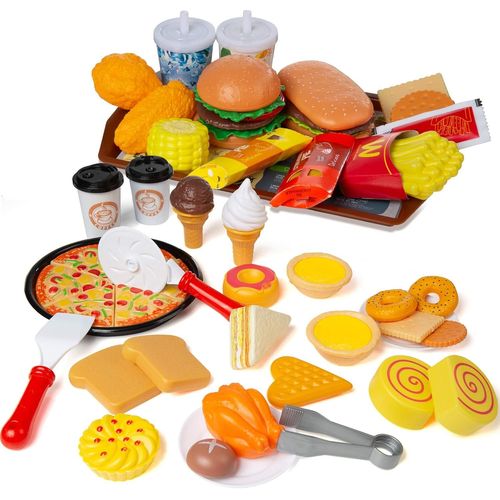 Checarzhn--No1 Jouet Dinette Cuisine Enfant Jeu D'imitation Hamburgers Pizza Jouet Aliment De Cuisine Dinette Enfant,Hamburgers Et Hotdogs,Plateau,56 Pièces